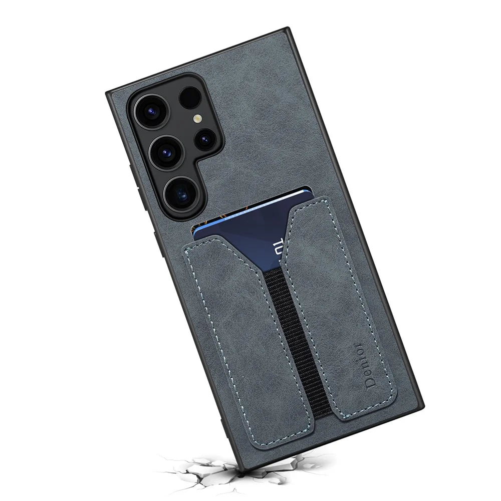 DENIOR For Samsung Galaxy S24 Ultra Phone Case Elastic Card Holder PU Leather Back Cover - Grey - 4