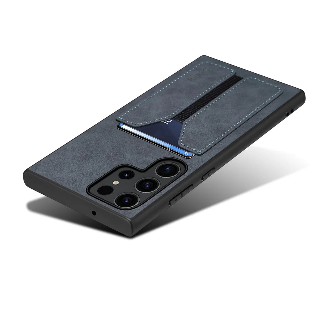 DENIOR For Samsung Galaxy S24 Ultra Phone Case Elastic Card Holder PU Leather Back Cover - Grey - 5