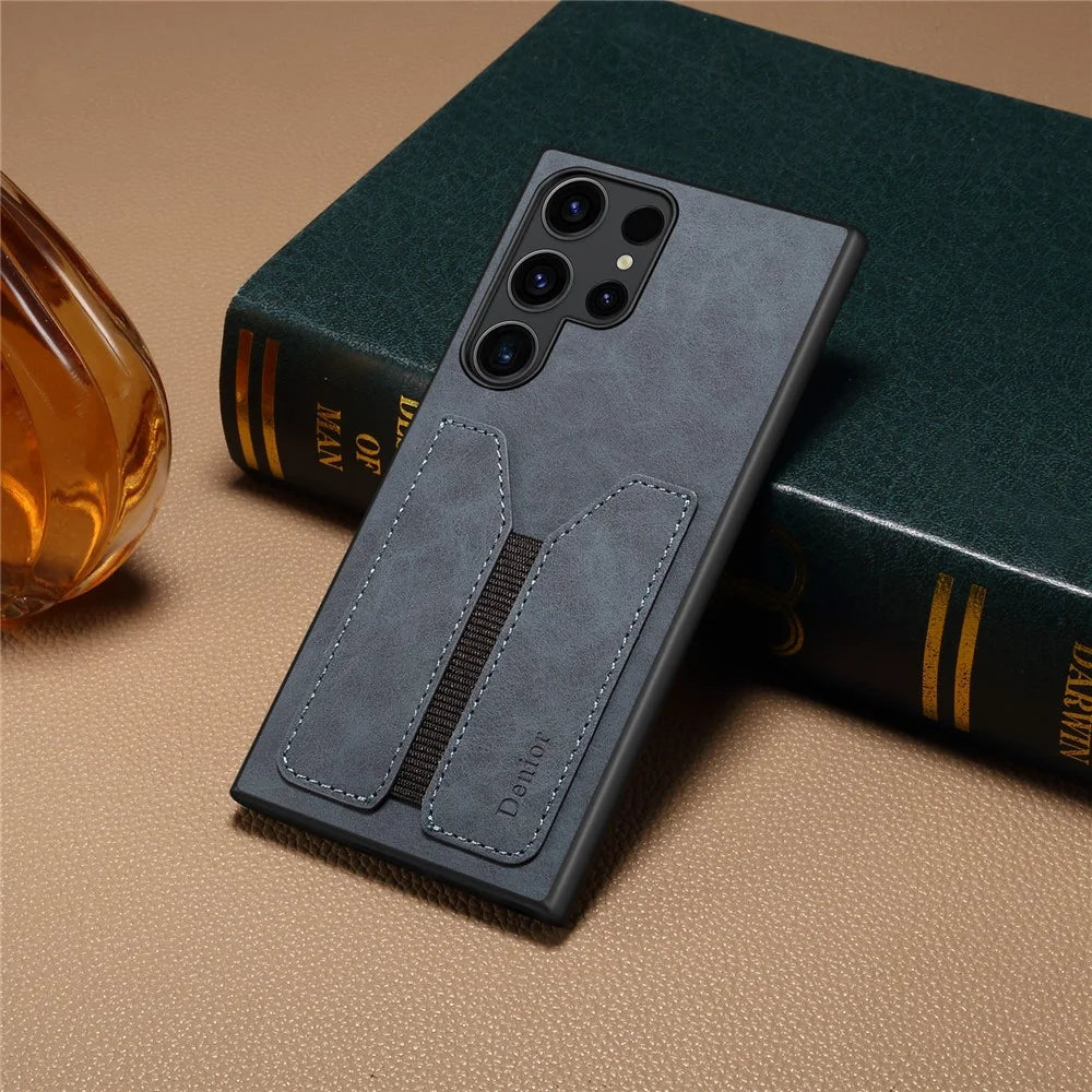 DENIOR For Samsung Galaxy S24 Ultra Phone Case Elastic Card Holder PU Leather Back Cover - Grey - 6