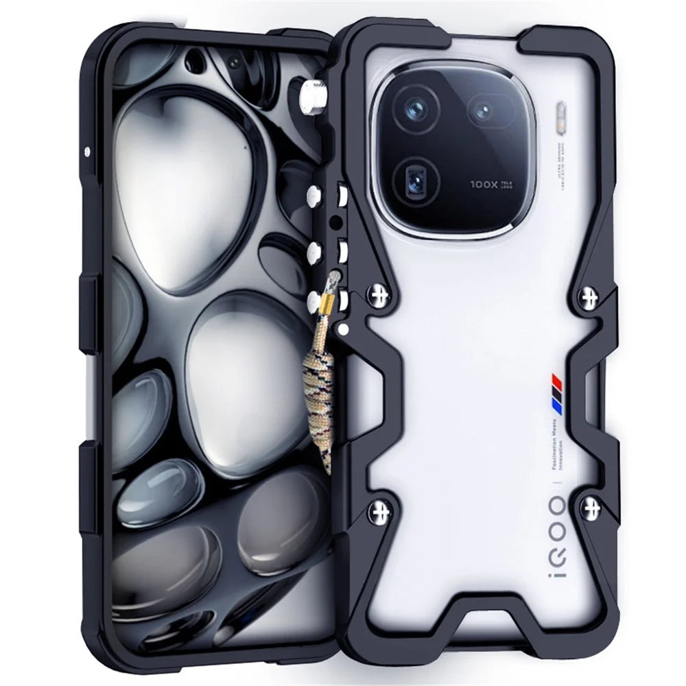 For vivo iQOO 12 5G / Neo5 / Neo5 S / Neo6 5G / Neo6 SE 5G / Neo9 5G / Neo9 Pro 5G Phone Case Aluminium Alloy Shockproof Cover with Strap - Black - 1