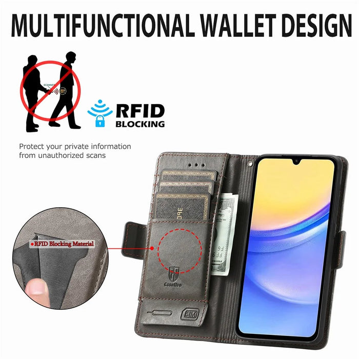 For Samsung Galaxy A15 4G / A15 5G Phone Cases CASENEO PU Leather Cover Stand with RFID Blocking Wallet - Grey - 5