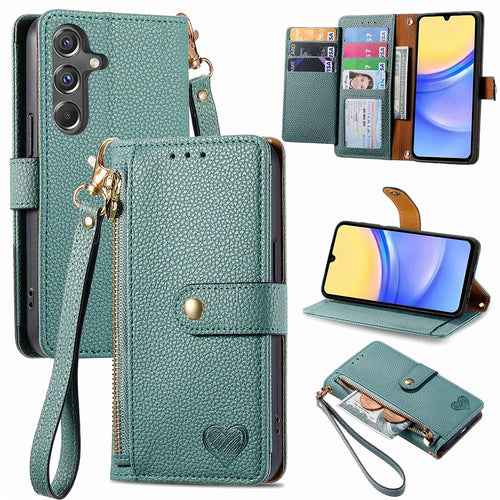 For Samsung Galaxy A15 4G / 5G Phone Case Heart Pattern Leather RFID Blocking Cover - Green - 1