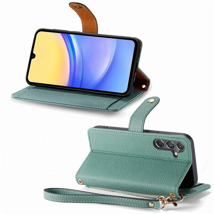 For Samsung Galaxy A15 4G / 5G Phone Case Heart Pattern Leather RFID Blocking Cover - Green - 3