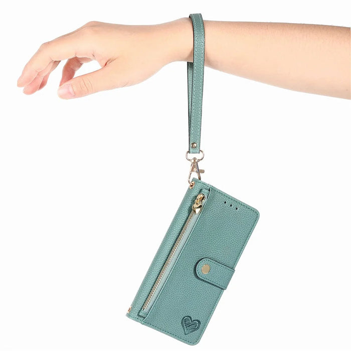 For Samsung Galaxy A15 4G / 5G Phone Case Heart Pattern Leather RFID Blocking Cover - Green - 4