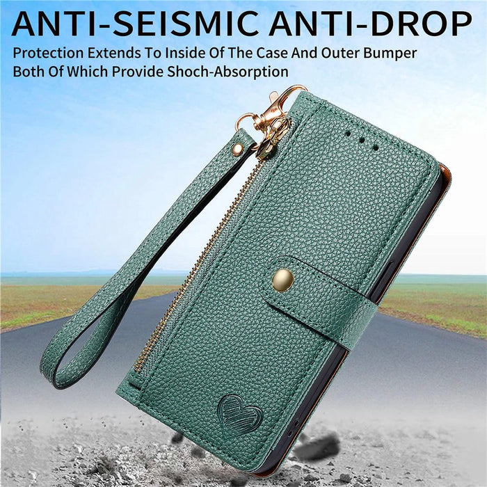 For Samsung Galaxy A15 4G / 5G Phone Case Heart Pattern Leather RFID Blocking Cover - Green - 6