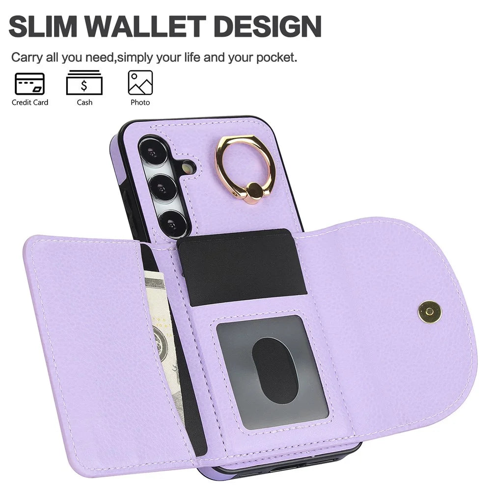 For Samsung Galaxy S24+ Case RFID Blocking Card Bag Kickstand PU+TPU Phone Cover - Purple - 7