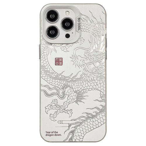 For iPhone 12  /  12 Pro Case Chinese Dragon Laser PC+TPU Phone Back Cover - Silver  /  White - 1