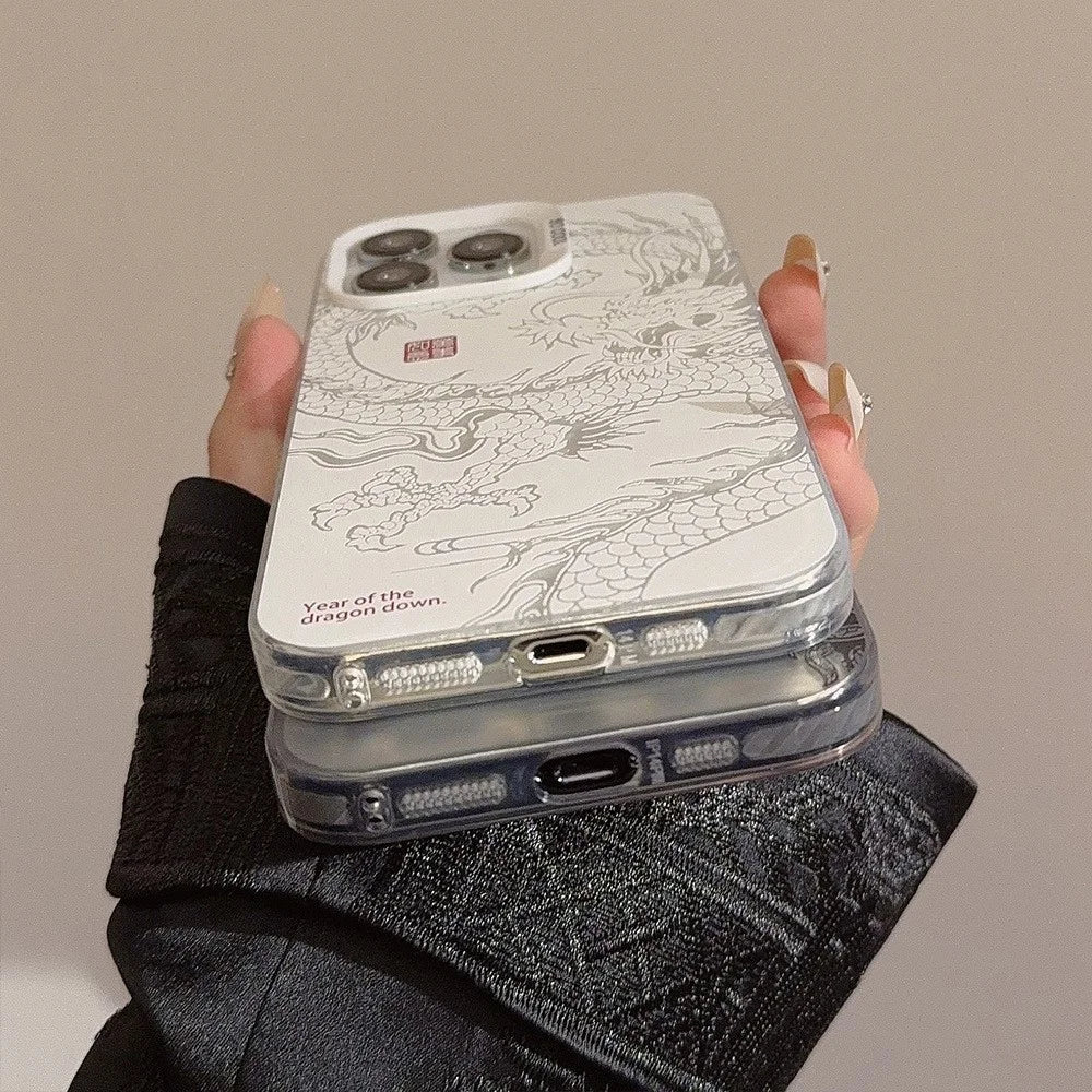 For iPhone 13 Pro Case Phone Back Cover with Chinese Dragon Laser Printing - Silver  /  White - 3