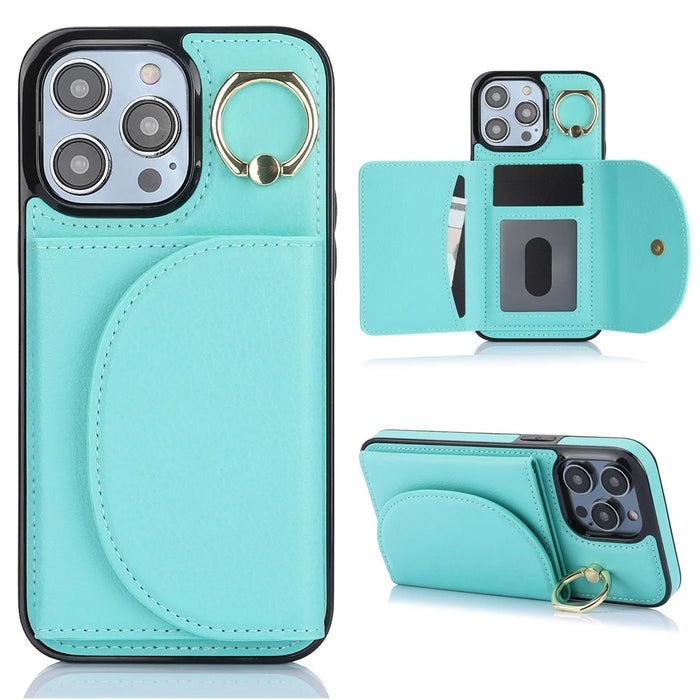 For iPhone 12 / 12 Pro Cell Phone Case Ring Kickstand Card Bag PU+TPU Cover - Green - 1