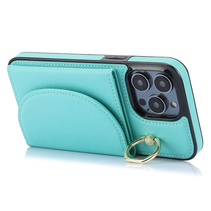 For iPhone 12 / 12 Pro Cell Phone Case Ring Kickstand Card Bag PU+TPU Cover - Green - 2