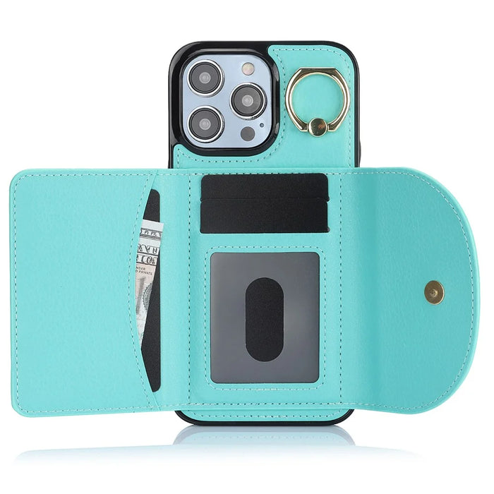 For iPhone 12 / 12 Pro Cell Phone Case Ring Kickstand Card Bag PU+TPU Cover - Green - 3