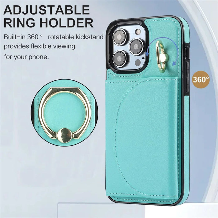 For iPhone 12 / 12 Pro Cell Phone Case Ring Kickstand Card Bag PU+TPU Cover - Green - 4