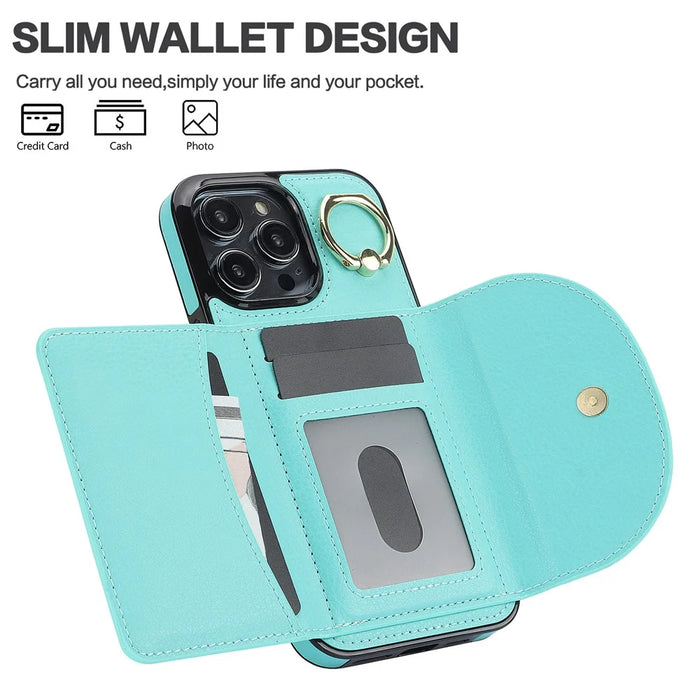 For iPhone 12 / 12 Pro Cell Phone Case Ring Kickstand Card Bag PU+TPU Cover - Green - 6