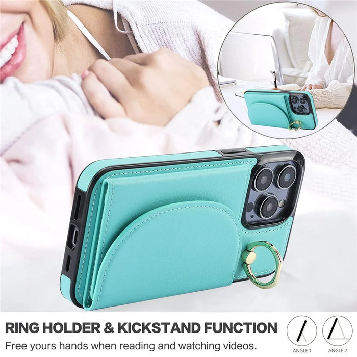 For iPhone 12 / 12 Pro Cell Phone Case Ring Kickstand Card Bag PU+TPU Cover - Green - 7