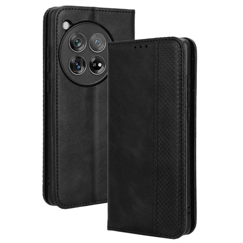 For OnePlus Ace 3 5G / 12R 5G Retro Leather Case Magnetic Closing Phone Wallet Cover - Black - 1