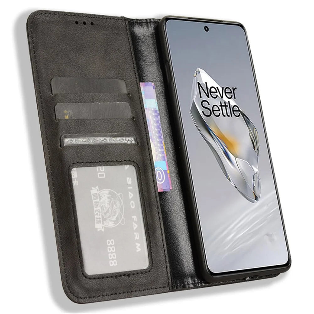 For OnePlus Ace 3 5G / 12R 5G Retro Leather Case Magnetic Closing Phone Wallet Cover - Black - 2