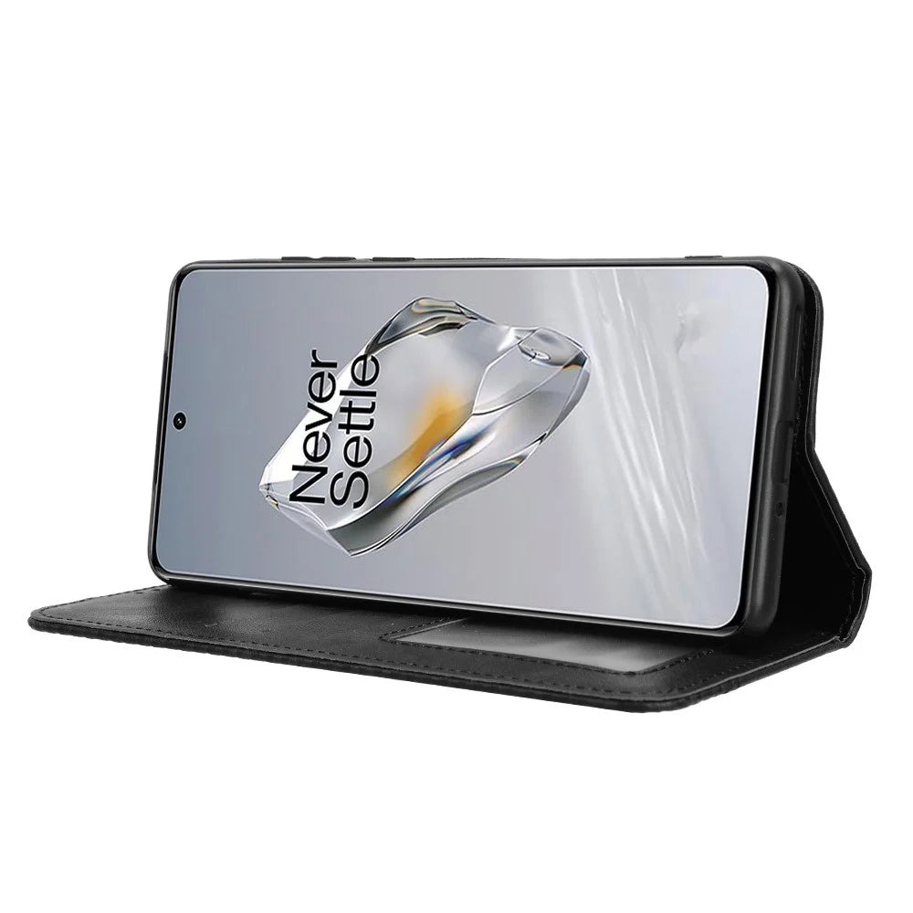 For OnePlus Ace 3 5G / 12R 5G Retro Leather Case Magnetic Closing Phone Wallet Cover - Black - 3