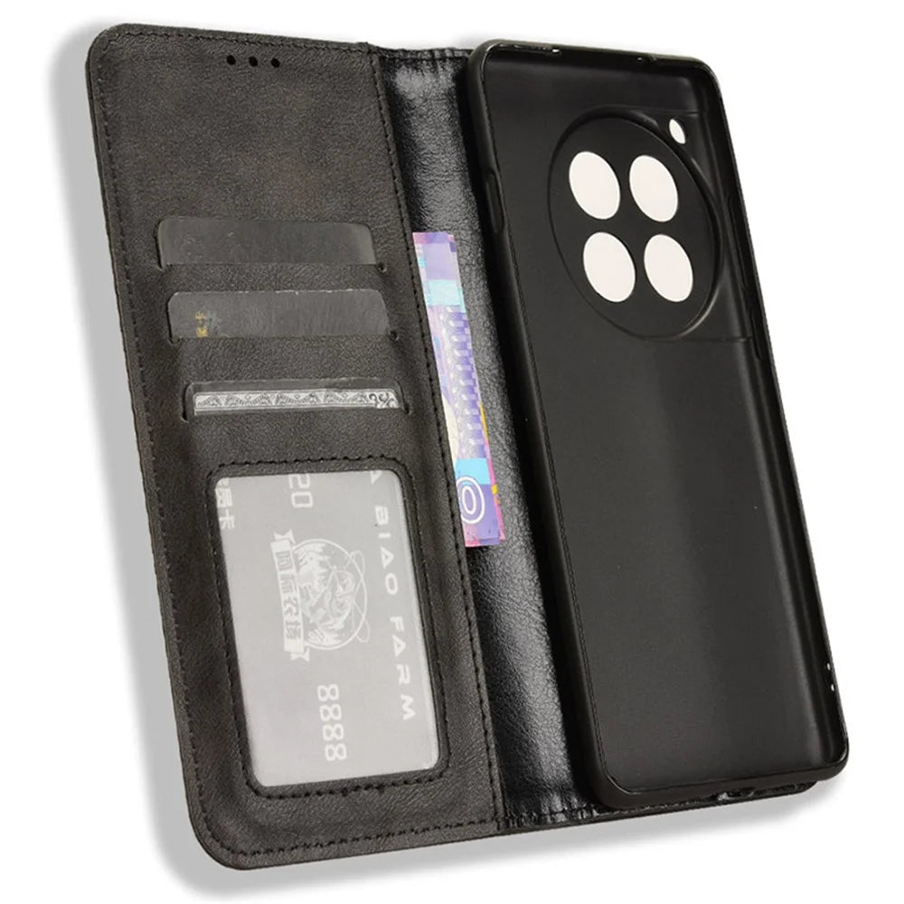 For OnePlus Ace 3 5G / 12R 5G Retro Leather Case Magnetic Closing Phone Wallet Cover - Black - 5