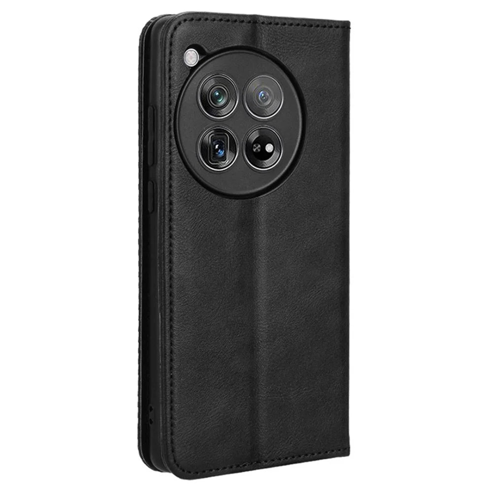For OnePlus Ace 3 5G / 12R 5G Retro Leather Case Magnetic Closing Phone Wallet Cover - Black - 7
