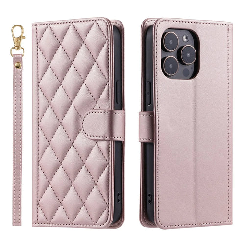 For iPhone 15 Pro Leather Case with Strap Wallet Phone Cover Rhombus Grid Pattern - Rose Gold - 1