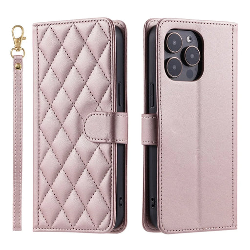 For iPhone 15 Pro Leather Case with Strap Wallet Phone Cover Rhombus Grid Pattern - Rose Gold - 1