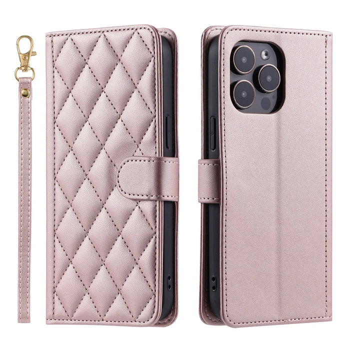 For iPhone 15 Pro Leather Case with Strap Wallet Phone Cover Rhombus Grid Pattern - Rose Gold - 1