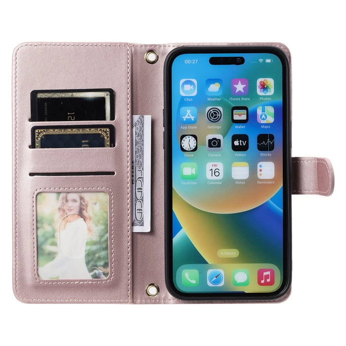 For iPhone 15 Pro Leather Case with Strap Wallet Phone Cover Rhombus Grid Pattern - Rose Gold - 2