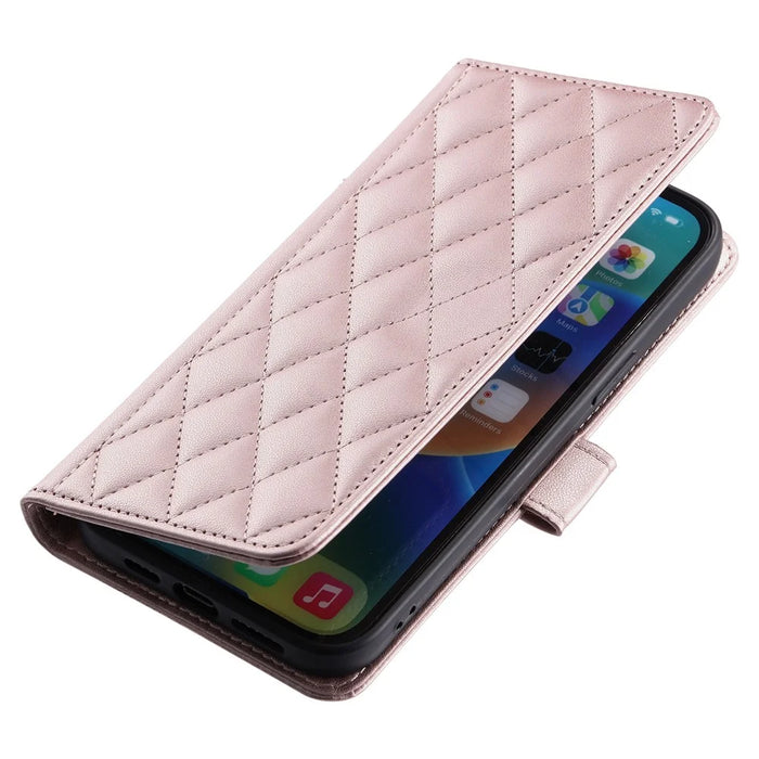 For iPhone 15 Pro Leather Case with Strap Wallet Phone Cover Rhombus Grid Pattern - Rose Gold - 3