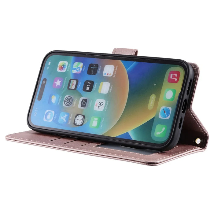 For iPhone 15 Pro Leather Case with Strap Wallet Phone Cover Rhombus Grid Pattern - Rose Gold - 5