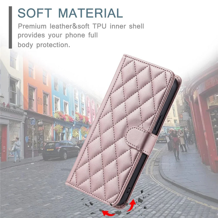 For iPhone 15 Pro Leather Case with Strap Wallet Phone Cover Rhombus Grid Pattern - Rose Gold - 7