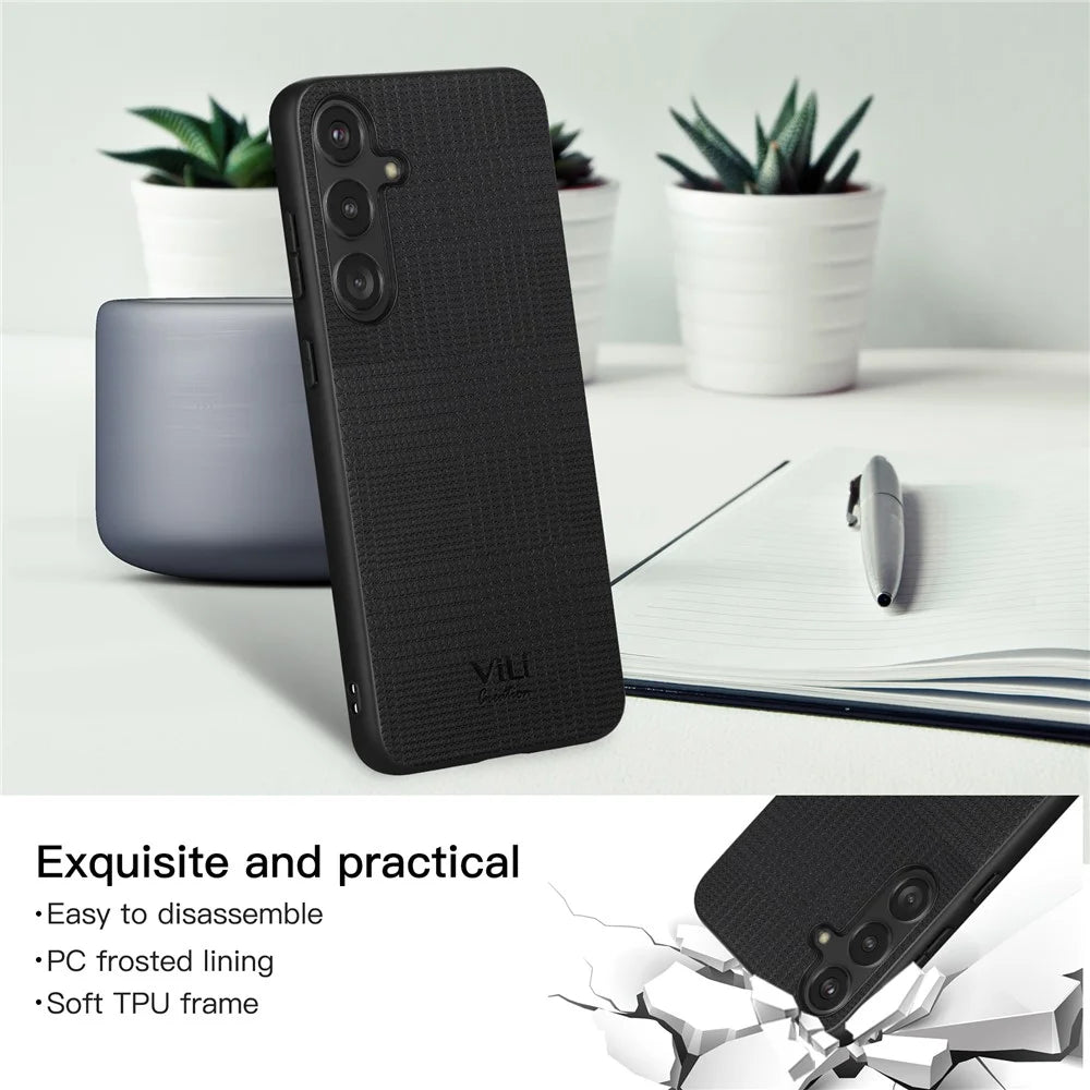 VILI TH Series for Samsung Galaxy S24 Case Leather Coated PC+TPU Anti-drop Back Cover - Black - 3