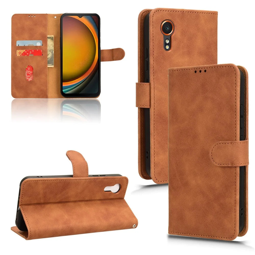 For Samsung Galaxy Xcover7 Cell Phone Case Skin-touch Folio PU Leather Wallet Cover - Brown - 6