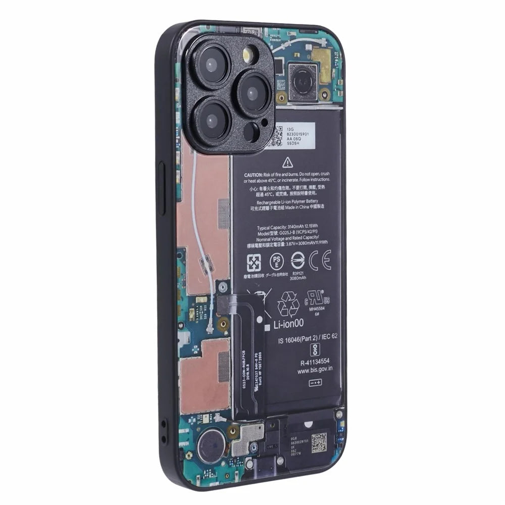 AL Series for iPhone 15 Pro Glass Phone Case Battery Circuit Board Pattern - Long Battery Circuit Board - 1