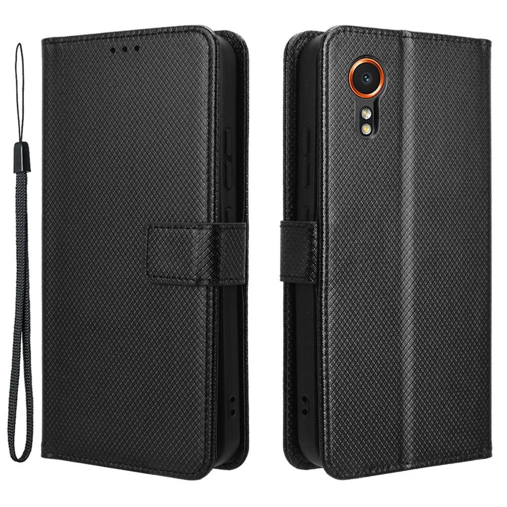 For Samsung Galaxy Xcover7 Case Diamond Texture Leather Phone Stand Cover - Black - 1
