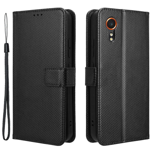 For Samsung Galaxy Xcover7 Case Diamond Texture Leather Phone Stand Cover - Black - 1