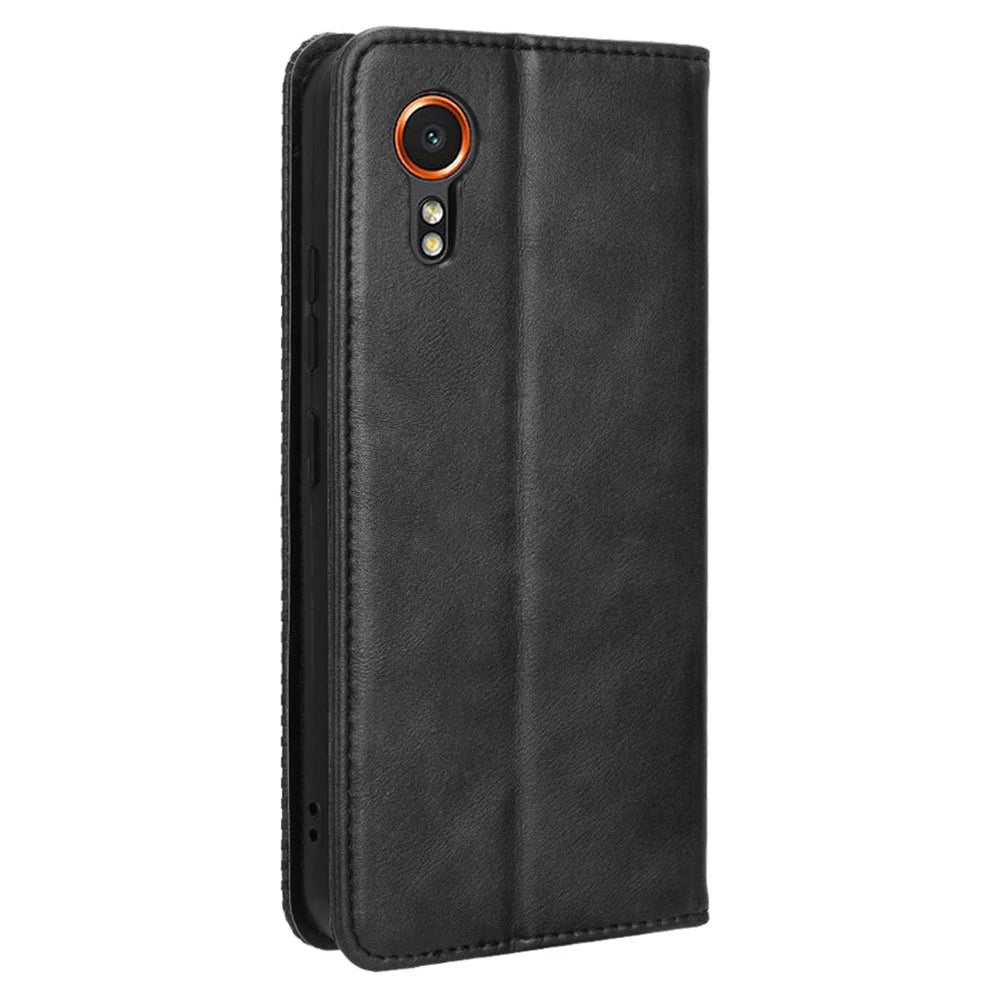 For Samsung Galaxy Xcover7 Wallet Case PU Leather Stand Retro Phone Cover - Black - 7