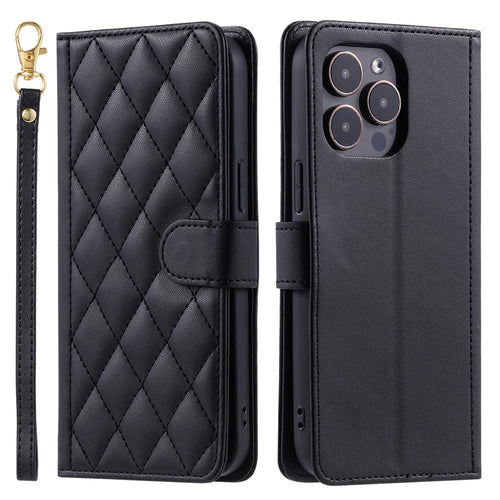 For iPhone 14 Pro Case Stitching Rhombus Grid PU Leather Wallet Cover - Black - 1