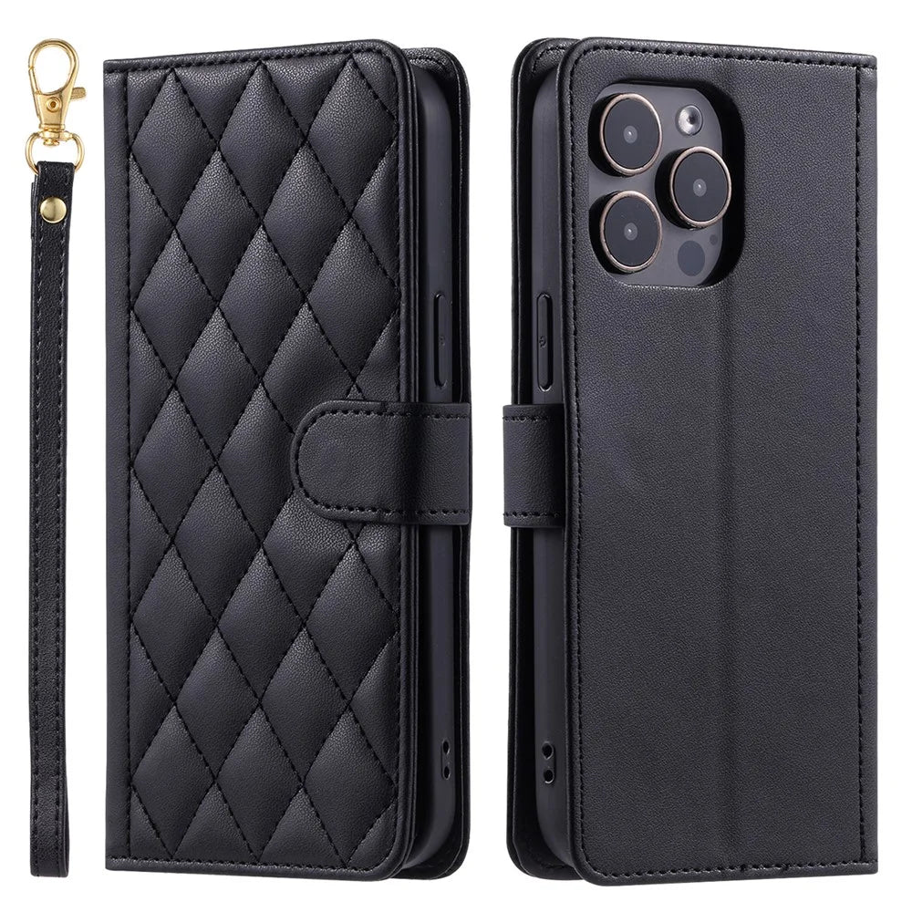 For iPhone 14 Pro Max Leather Phone Case with Wallet Rhombus Grid Pattern - Black - 1