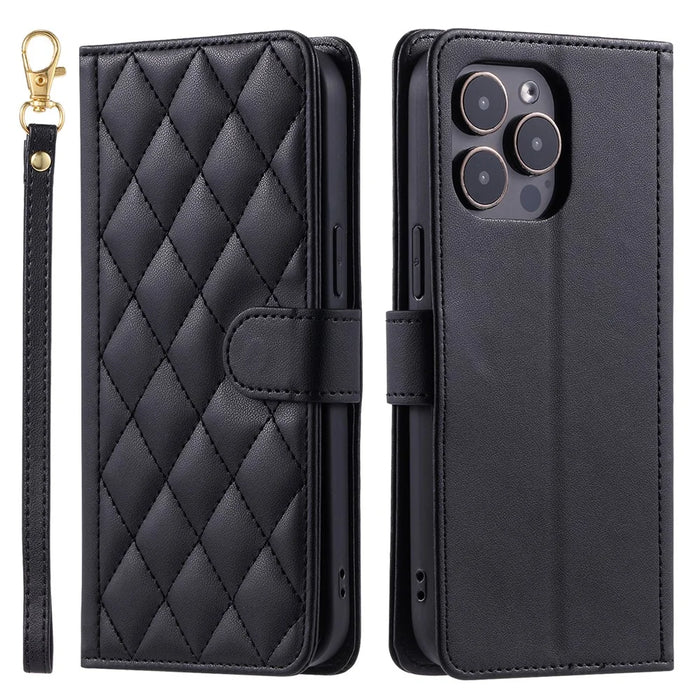 For iPhone 14 Pro Max Leather Phone Case with Wallet Rhombus Grid Pattern - Black - 1