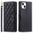For iPhone 14 Plus Case PU Leather Wallet Flip Cover Rhombus Grid Pattern - Black - 1