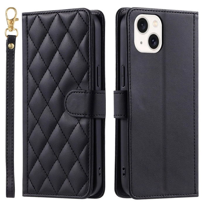 For iPhone 14 Plus Case PU Leather Wallet Flip Cover Rhombus Grid Pattern - Black - 1
