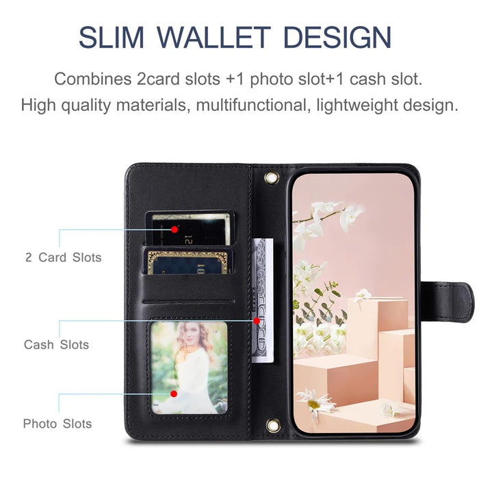 For iPhone 14 Plus Case PU Leather Wallet Flip Cover Rhombus Grid Pattern - Black - 5