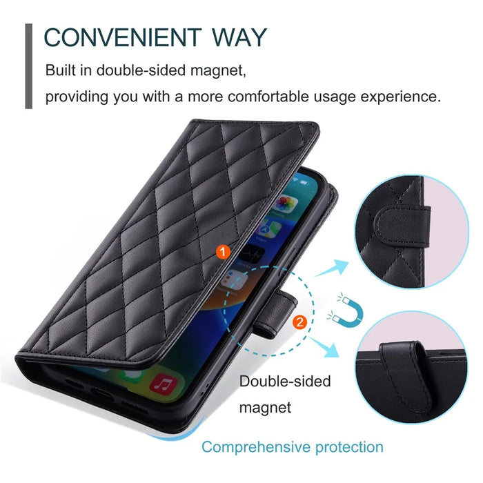 For iPhone 14 Plus Case PU Leather Wallet Flip Cover Rhombus Grid Pattern - Black - 7