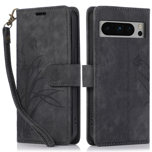 For Google Pixel 8 Pro Flip Leather Case Orchid Butterfly Pattern Wallet Phone Cover - Black - 1