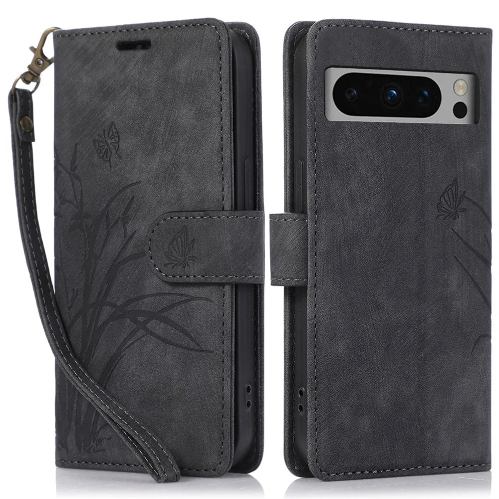 For Google Pixel 8 Pro Flip Leather Case Orchid Butterfly Pattern Wallet Phone Cover - Black - 1