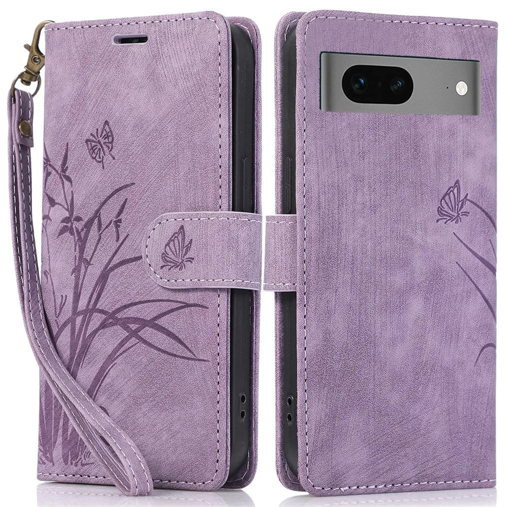For Google Pixel 8 Case Orchid Butterfly Pattern Leather Cover Phone Wallet - Purple - 1