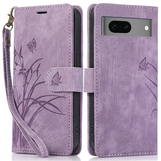 For Google Pixel 8 Case Orchid Butterfly Pattern Leather Cover Phone Wallet - Purple - 1
