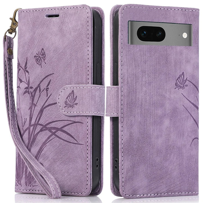 For Google Pixel 8 Case Orchid Butterfly Pattern Leather Cover Phone Wallet - Purple - 1