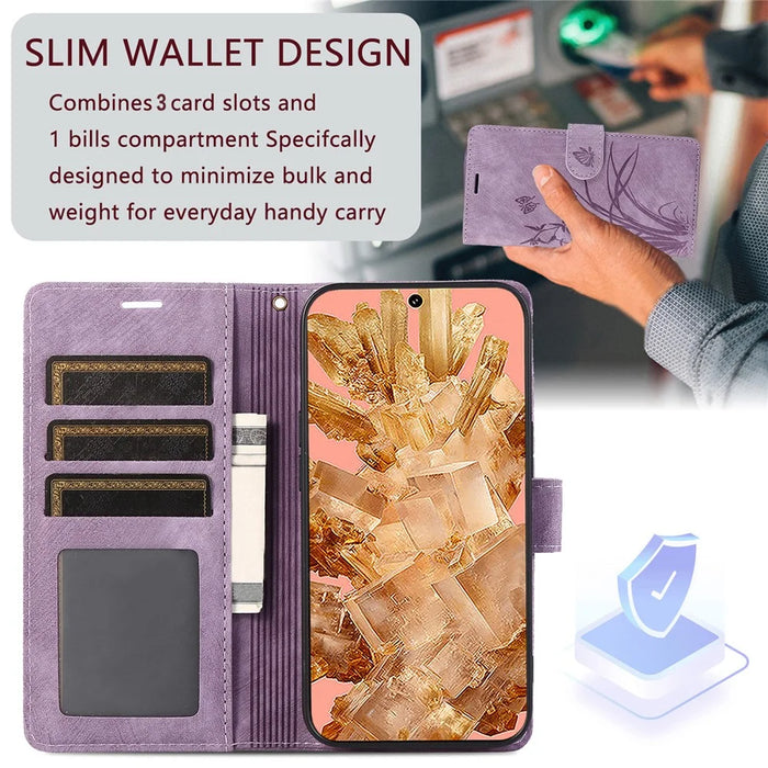 For Google Pixel 8 Case Orchid Butterfly Pattern Leather Cover Phone Wallet - Purple - 4