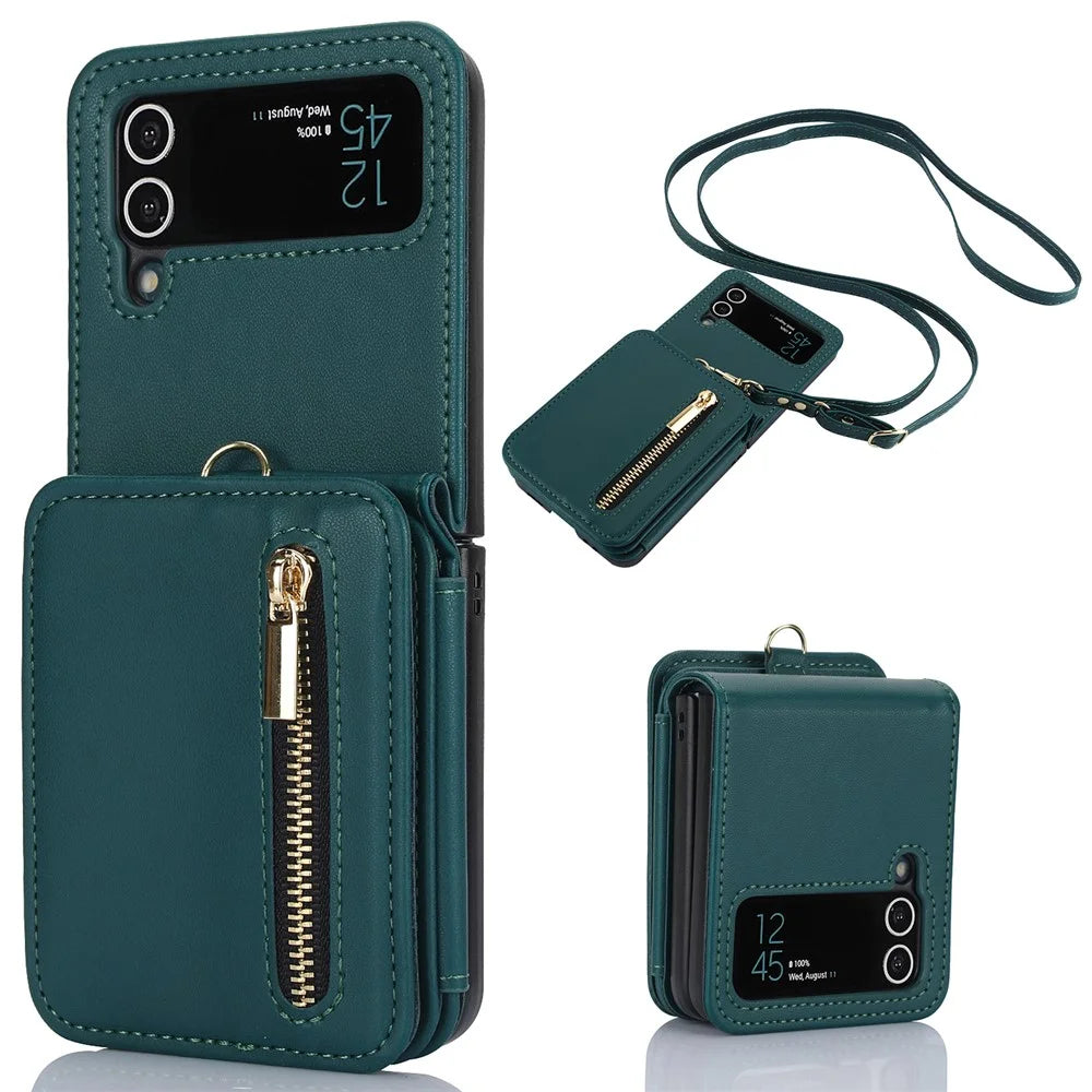 For Samsung Galaxy Z Flip4 5G Crossbody Phone Case RFID Blocking Cover Zipper Pocket - Blackish Green - 1